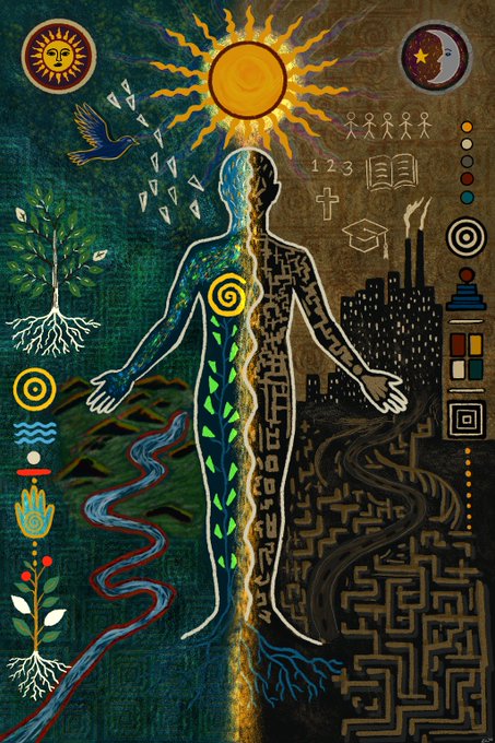 A detailed illustration depicting a human figure split down the middle—one side representing nature with roots, water, and a bird, and the other representing urban/industrial life with buildings, symbols, and a maze—beneath a central sun.