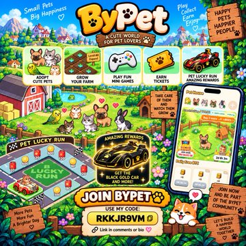 A promotional graphic for 'ByPet - A CUTE WORLD FOR PET LOVERS' features cartoon pets, game icons, a phone screenshot, and the text 'JOIN BYPET USE MY CODE: RKKJR9VM'.