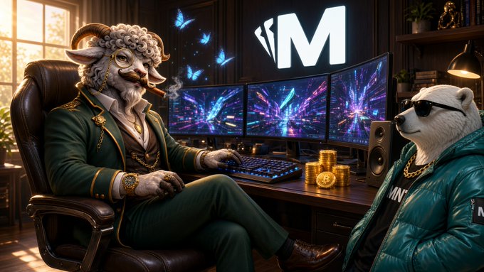 A digital illustration shows an anthropomorphic ram in a green suit sitting at a multi-monitor gaming setup with a stylized "M" logo displayed on screens, accompanied by a white bear character in sunglasses and a teal jacket.