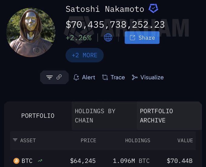 A portfolio dashboard for 'Satoshi Nakamoto' showing a total value of $70,435,738,252.23 with holdings of 1.096M BTC.