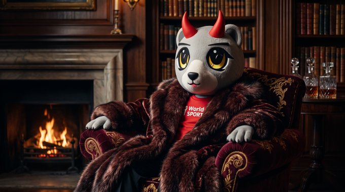 A plush toy devil character with red horns, large eyes, and a fur coat lounges in an ornate chair by a fireplace, wearing a shirt reading "World SPORT." The cozy, indulgent "Monday morning" mood of the post pairs with the relaxed, pampered mascot embracing the start of another week.