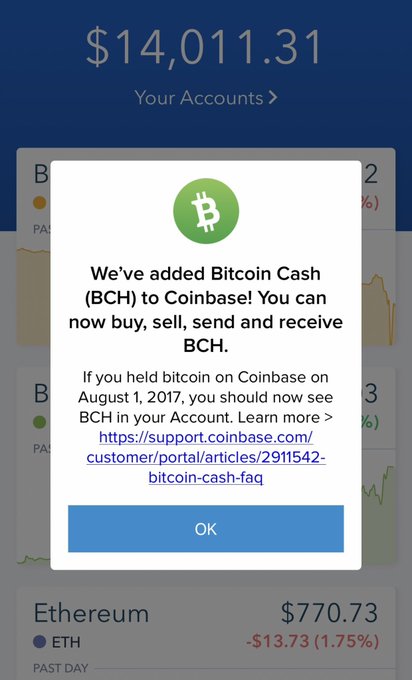 A Coinbase notification announces the addition of Bitcoin Cash (BCH) for buying, selling, sending, and receiving, visible over a portfolio showing $14,011.31 with Ethereum (ETH) at $770.73. The post "Hey coinbase do you remember this?" nostalgically references the August 2017 BCH airdrop to existing Bitcoin holders.