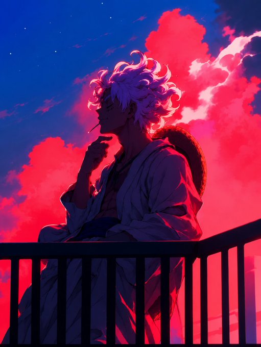 An anime-style illustration of a white-haired character smoking on a balcony against a vibrant pink and blue cloudy sky.