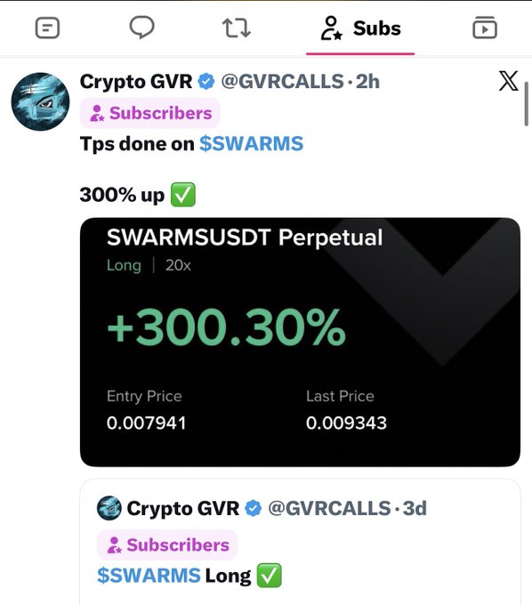 A tweet from Crypto GVR (@GVRCALLS) shows a +300.30% gain on a 20x long SWARMSUSDT perpetual trade, with an entry price of 0.007941 and last price of 0.009343, highlighting the profitable call shared with Twitter subscribers.
