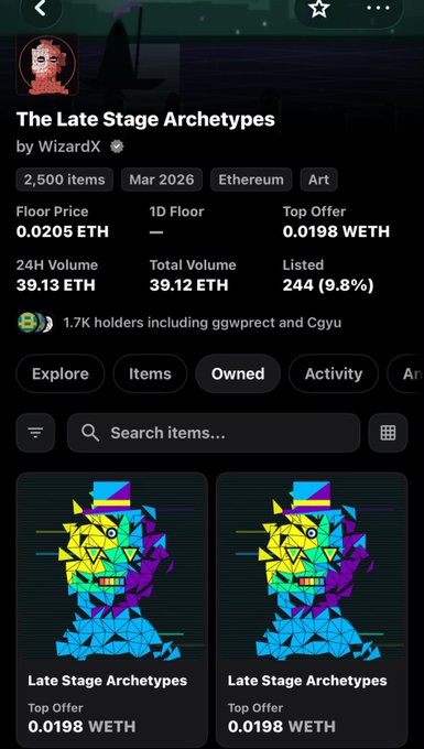 A mobile screenshot of an NFT marketplace listing for 'The Late Stage Archetypes' collection by WizardX on Ethereum, showing a floor price of 0.025 ETH and 2,500 items, with two colorful pixel-art lion thumbnails displayed below.