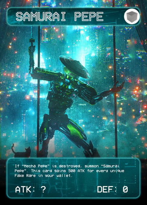 The image features a poster for a game called "Samurai Pepe" with an illustration of a robot character, possibly a green humanoid robot or a robot-like creature, holding a sword and standing against a city skyline backdrop. The poster also includes text that reads "Gm SAMURAIPEP by @dangiuz @FAKERARES_XCP ARE YOU NOT ENTERTAINED?!". This suggests that the image is meant to be humorous or satirical in nature, possibly targeting a specific audience interested in gaming or futuristic themes.