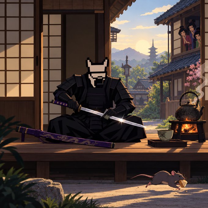 A pixel-art style illustration of a samurai in black armor polishing a katana on a wooden porch, with a mouse carrying cheese below and a traditional Japanese village and pagoda in the background.