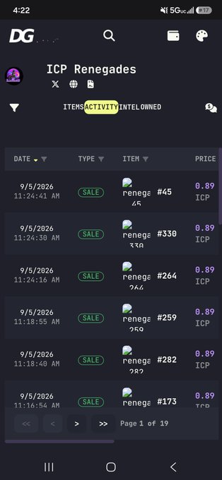 Mobile screenshot of an NFT marketplace showing the 'ICP Renegades' activity feed with multiple sales at 0.89 ICP each, dated 9/5/2026.