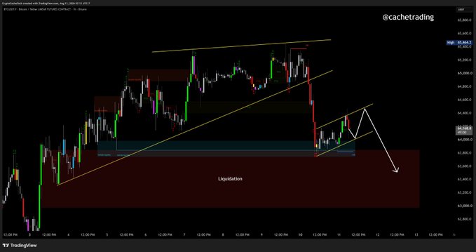 A TradingView candlestick chart for $BTC/USD displays a descending wedge pattern with an annotated arrow pointing downward toward a highlighted "Liquidation" zone in the low $63,000s, visually reinforcing the post's bearish outlook as Bitcoin fails to reclaim the $65,000 level.