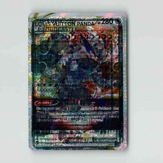 A holographic/rainbow foil Pokémon trading card featuring Gigaton Panda with text "LEONIS VULTRON PANDA MP 280" and "Foulltcastle" visible.