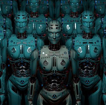 A row of identical humanoid robots with exposed mechanical parts stands in eerie symmetry, symbolizing the rapid advancement and proliferation of artificial intelligence. The image's android theme ties into the post's commentary on the "AI frenzy," visually reinforcing concerns about a potential market shift from AI-driven stocks like NVIDIA to cryptocurrency investments.