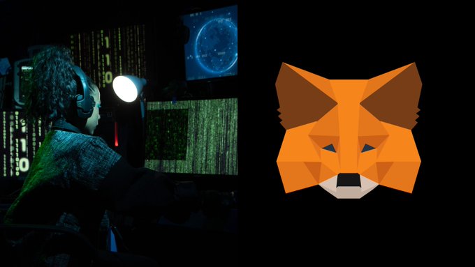 The image shows a person at a computer with Matrix-like binary code on the screens, juxtaposed with the MetaMask logo, symbolizing a cybersecurity threat to the crypto wallet. This relates to the post about MetaMask's near-hack by a North Korean contractor.