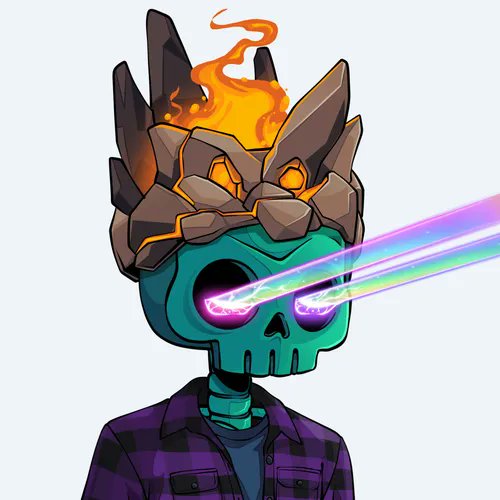 An illustration of a skeleton character with a teal skull, glowing purple eyes shooting rainbow laser beams, a rocky crown with orange flames, and a purple plaid shirt.