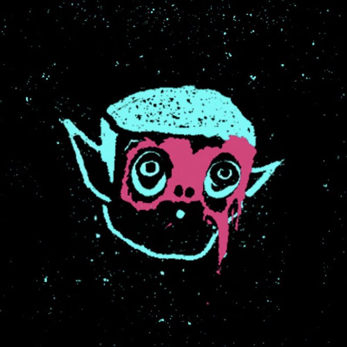 A stylized cyan and magenta zombie-like face with wide, staring eyes and pointy ears floats against a black, star-speckled background.