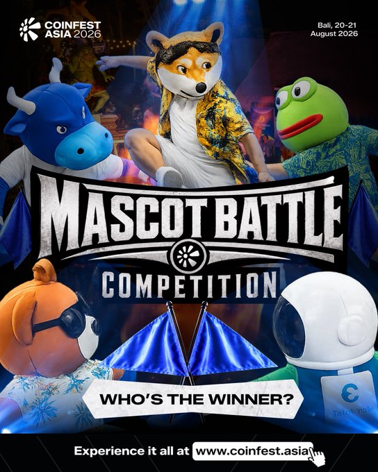 A promotional poster for the CoinFest Asia 2026 Mascot Battle Competition taking place in Bali on August 20-21, 2026, featuring various mascot characters and the website www.coinfest.asia.