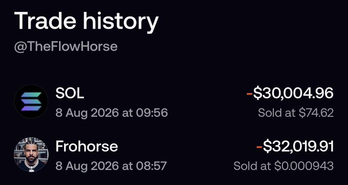 A "Trade history" screenshot for @TheFlowHorse shows two recent sales on 8 Aug 2026: SOL sold for $30,004.96 at $74.62/share and "Frohorse" sold for $32,019.91 at $0.000943 each—appears to be showcasing profitable trades as part of a morning update tagging @chang_defi.