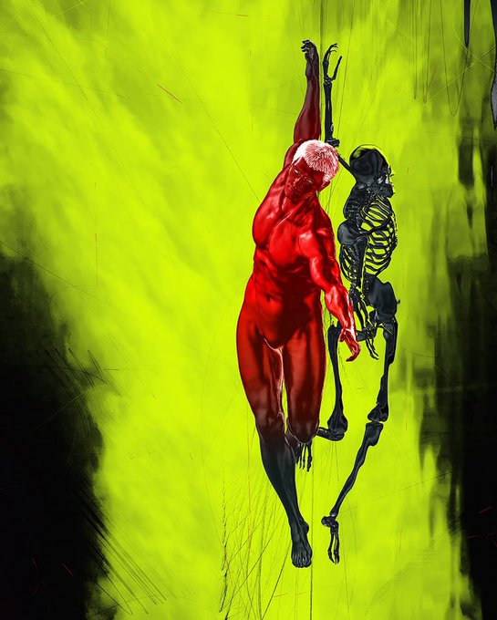 The image features a red-skinned man with black hair, wearing a red outfit that includes a red cape, standing against a green background. He appears to be in mid-air or hanging from a rope, giving off an impression of being suspended or floating. The caption "Good morning Fam" suggests that the image is related to a post about family and friends.