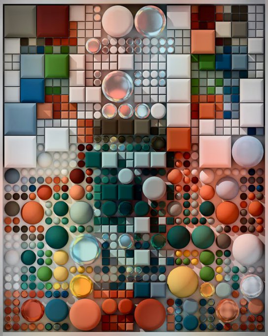 A vibrant mosaic composed of multicolored geometric shapes—squares, spheres, and circles in shades of orange, teal, white, and yellow—is arranged in a symmetrical, almost face-like composition. The post's greeting "GM @mpkoz" appears to be a casual good morning message, with no direct visual connection to the abstract artwork beyond sharing it as a cheerful visual greeting.