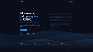 A dark-themed website landing page for 'Tollbit' featuring the headline 'AI answers, paid per query in USDC' alongside a code window showing a developer console interface requesting API parameters.