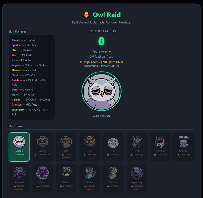 The image shows an "Owl Raid" game interface featuring a clickable owl character with "0" Current Feathers and various unlockable skins (Classic, Sparkle, Star, Fire, Ice, etc.) listed with their bonuses and feather/prestige requirements. The gamified feather-collecting mechanic ties into the post's "sleepless owls building in silence" theme, visually reinforcing the crypto community's late-night dedication with an owl-themed reward system.