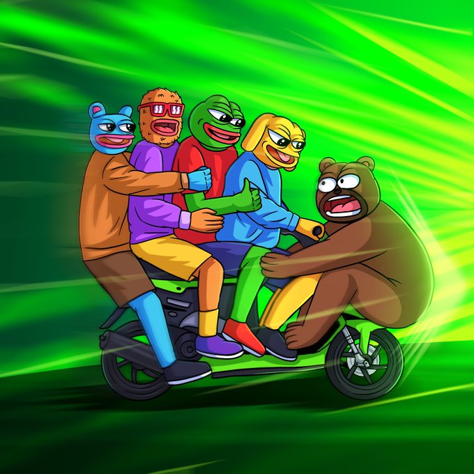 A colorful cartoon illustration of four characters (resembling a blue cat, a red creature, a green frog, and a yellow figure) riding together on a scooter with a brown bear-like creature.