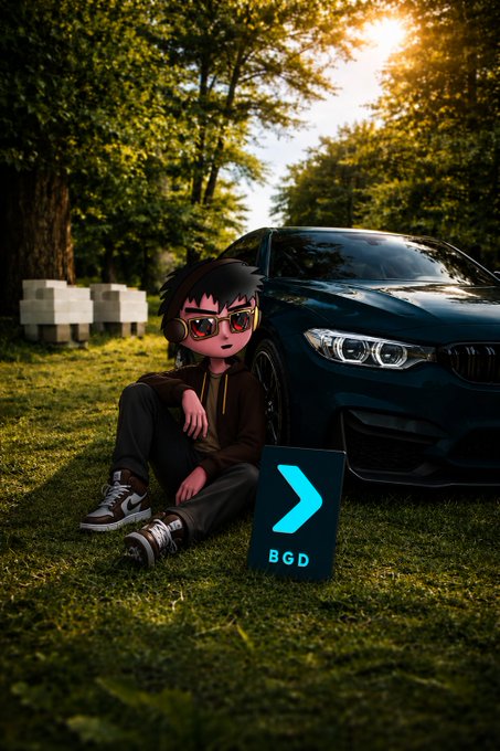 An anime-style boy wearing reflective sunglasses sits on grass leaning against a dark blue BMW, with a neon sign displaying a right arrow and 'BGD' beside him.