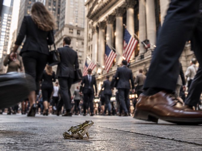 A stock photograph showing a small green frog sitting on a city sidewalk with businessmen walking past and American flags on a building in the background.