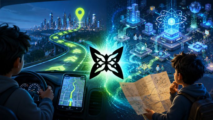 A split illustration showing a person driving with GPS navigation on the left and a person studying a map near a futuristic digital city on the right, with a butterfly symbol in the center.