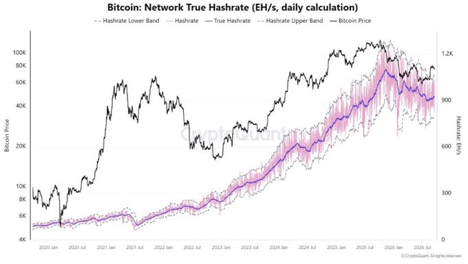 A financial chart titled 'Bitcoin: Network True Hashrate (EH/s, daily calculation)' showing Bitcoin price and hashrate trends from 2020 to 2026, sourced from CryptoQuant.