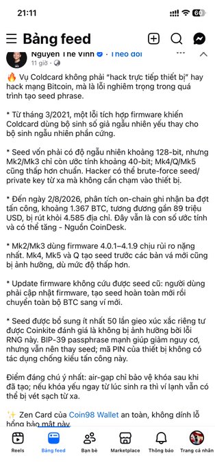 A Vietnamese Facebook feed post by 'Nguyen the vinh' discussing Bitcoin, Coldcard hardware wallets, and a serious vulnerability found in the Mk2/Mk3 and Mk4/Mk5 firmware regarding seed phrase generation.