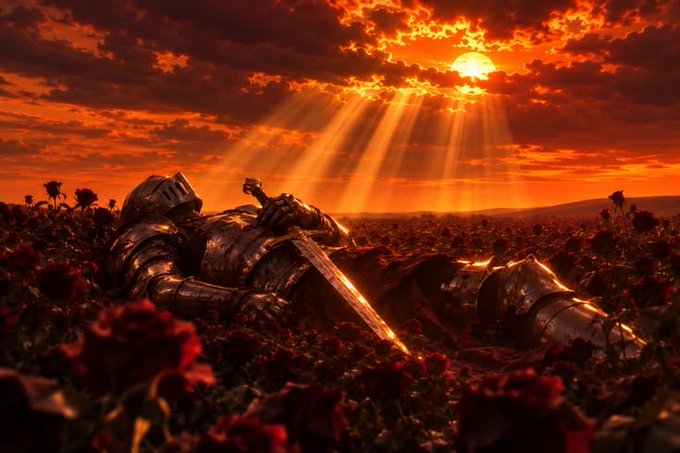A dramatic fantasy illustration of a fallen knight in armor lying in a field of red roses under a fiery sunset with rays of light breaking through the clouds.
