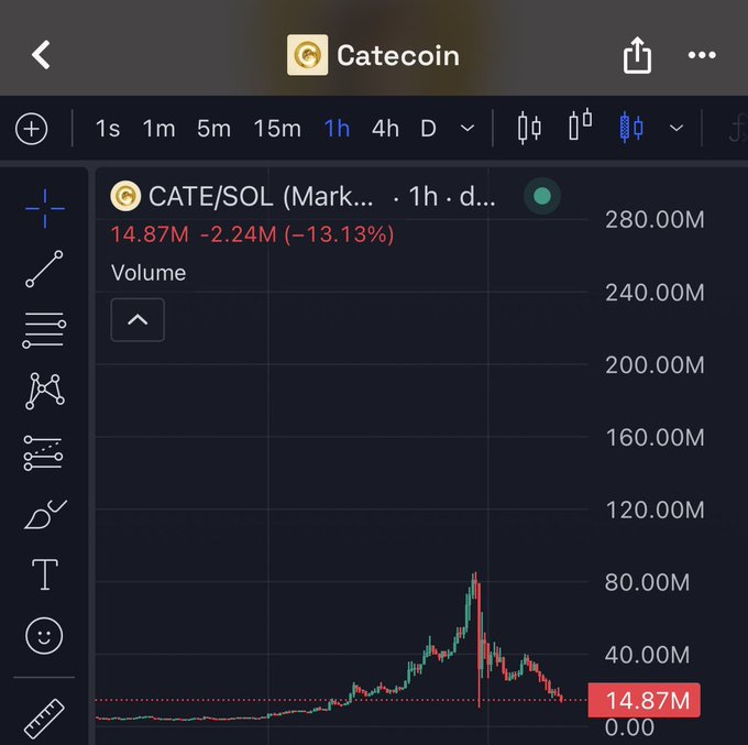 A TradingView chart displays the CATE/SOL trading pair on a 1-hour timeframe, showing a 24-hour volume of 14.87M with a -13.13% decline (down 2.24M), reflecting the sharp meme coin dip the poster is buying into despite the recent sell-off.