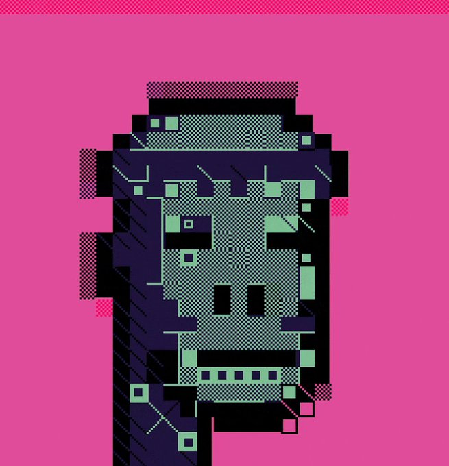 A pixel art illustration of a green and grey futuristic container or device against a bright pink background.