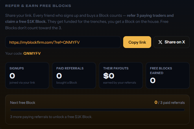 A 'Refer & Earn Free Blocks' dashboard for myblock.firm with referral code QNMYFV, showing zero signups, paid referrals, their payouts, and free blocks earned.
