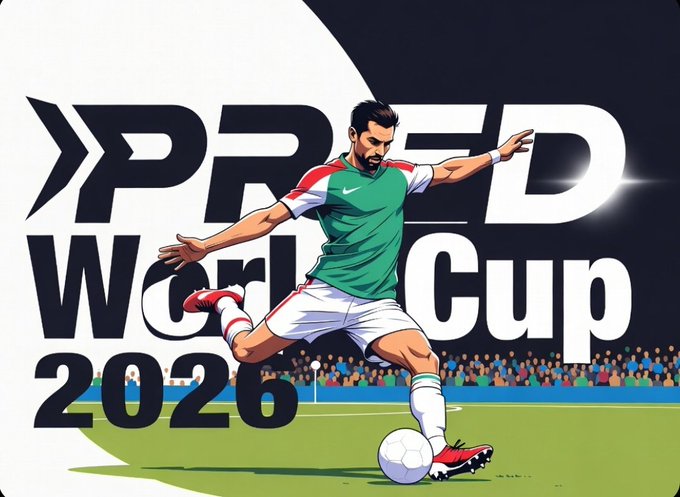 The image features a soccer player kicking a ball, with the text "PRED WORLD CUP 2026" displayed above him. The scene takes place on a soccer field, where multiple people are watching the game from various positions around the field. The overall atmosphere suggests that this could be an advertisement for the PRED World Cup or a promotional event related to it.