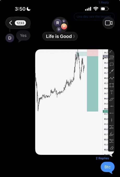 A chat thread displays a stock/crypto chart showing a downtrend with a highlighted entry zone (green) and stop-loss area (red), corresponding to the caption "Two entries, one pair" by "Life is Good" (3:50 pm), referencing BTC as noted in the reply.