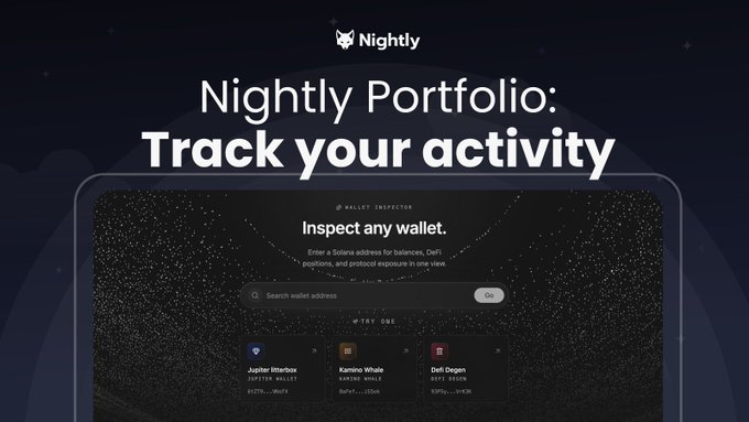 The image shows a laptop screen displaying a website called "Nightly Portfolio" with a message that reads, "Track Your Activity". The background of the image is dark blue, which contrasts with the white text on the laptop screen. The main content of the image focuses on the Nightly Portfolio app and its purpose to help users understand their Solana portfolio in one clear view by providing information about various aspects of their activity across different platforms.