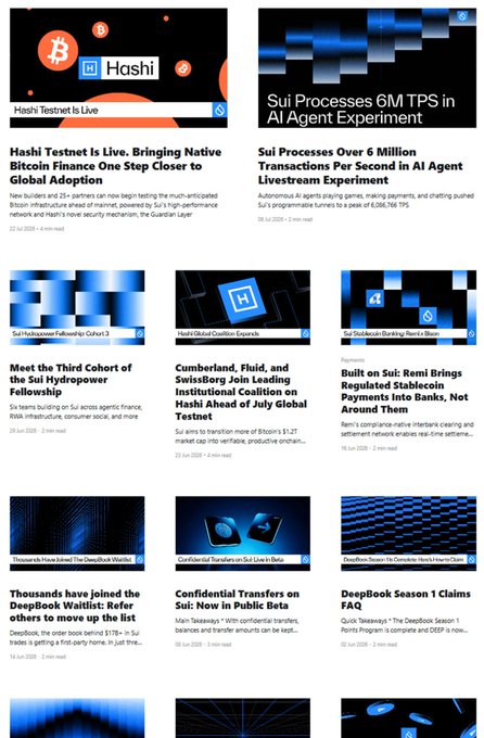 The image displays Sui's blog homepage featuring multiple article previews highlighting recent platform developments, including "Hashi Testnet Is Live: Bringing Native Bitcoin Finance One Step Closer to Global Adoption," "Sui Processes 6M TPS in AI Agent Experiment," "Gasless Stablecoin Transfers Go Live on Mainnet," "Confidential Transfers on Sui Live in Public Beta," and announcements of partnerships with Cubist, Fluid, and SwissBorg. These headlines visually reinforce the post's point that Sui has been actively shipping major upgrades throughout the year—covering Hashi (Bitcoin integration), confidential transfers, and Sui Spheres (private appchains)—demonstrating significant ecosystem momentum.