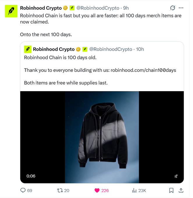A screenshot of a Robinhood Crypto tweet celebrating 'Robinhood Chain is 100 days old' and showing a black zip-up hoodie merchandise item.
