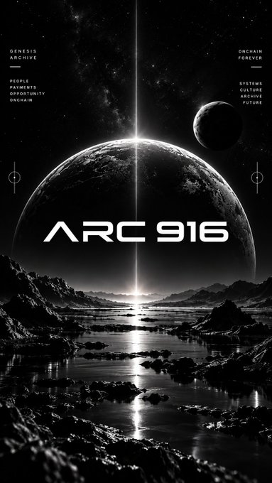 A black and white sci-fi themed graphic displaying 'ARC 916' over a planetary landscape, with text including 'GENESIS ARCHIVE', 'ONCHAIN FOREVER', 'PEOPLE PAYMENTS OPPORTUNITY ONCHAIN', and 'SYSTEMS CULTURE ARCHIVE FUTURE'.