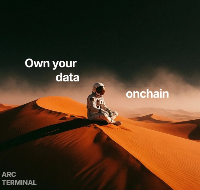 An 'ARC TERMINAL' advertisement featuring an astronaut sitting on orange desert dunes with the text 'Own your data onchain'.