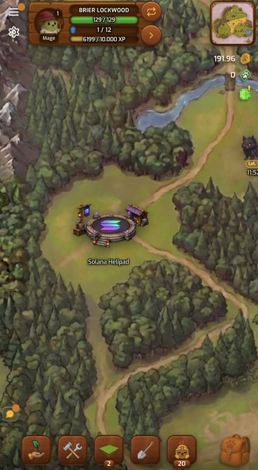 The image shows a mobile game map titled "Solana Helipad" featuring a character named "Brier Lockwood," a level 1 Mage with 129/129 health and 6,199/10,000 XP, surrounded by a forested landscape. The scene relates to the post by highlighting the integration of "Solana" into the game, connecting the in-game location "Solana Helipad" to the @PawtatoFinance project.