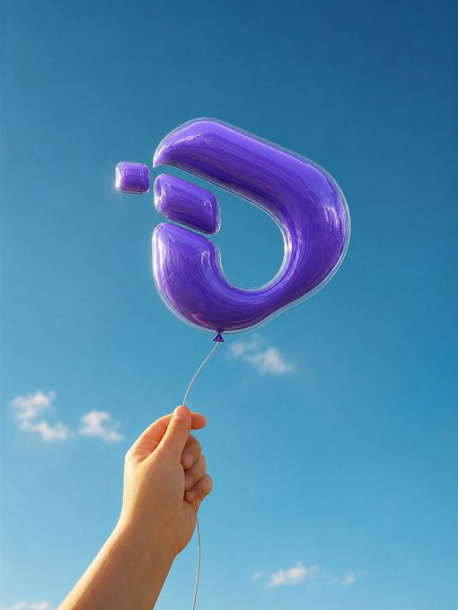 A hand holds up a purple balloon shaped like the letter "D" against a clear blue sky, symbolizing a product launch or new beginning. The image ties to the post by visually representing the anticipation of "something big taking off," though the post references the ticker #ITLG, not the letter shown.