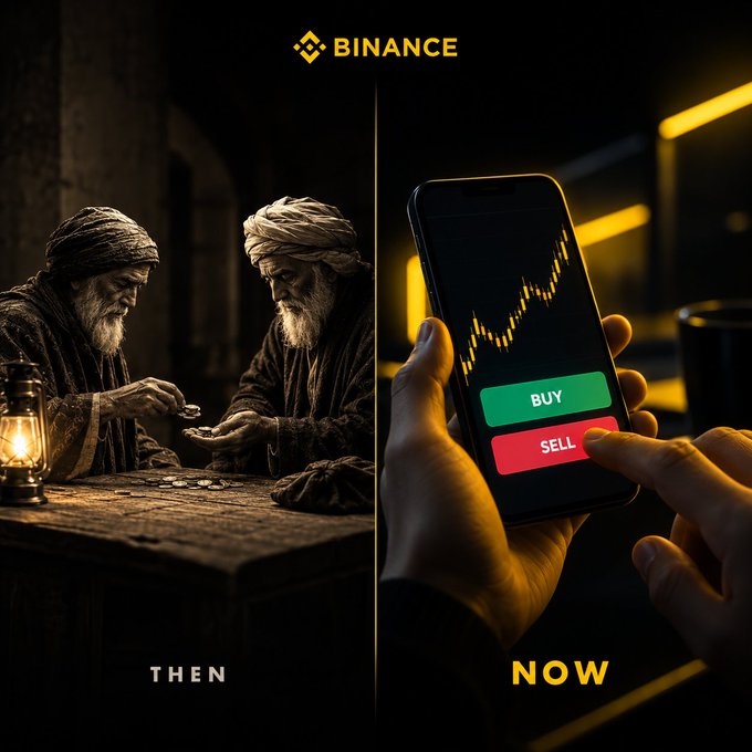 A Binance promotional split-screen image contrasts "THEN" — two older men in turbans exchanging gold coins by lantern light — with "NOW" — a close-up of a smartphone displaying a price chart with green "BUY" and red "SELL" buttons being tapped, beneath the Binance logo at the top.