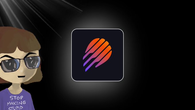 An animated avatar of a girl with sunglasses wearing a 'STOP MAKING STUPID' shirt next to a stylized app icon featuring orange and purple claw marks on a black background.