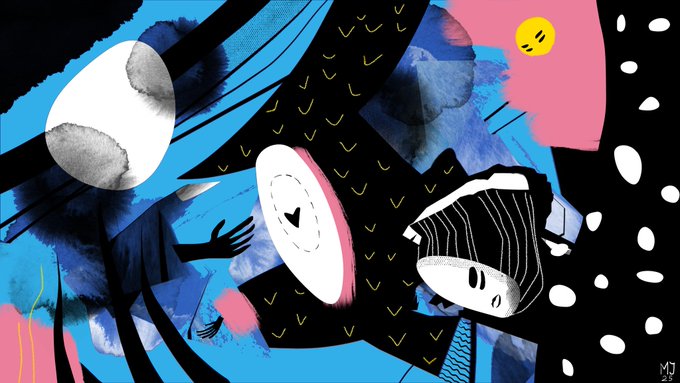 An abstract illustration with blue, black, and pink shapes, featuring a small yellow face, a white oval with a heart, and stylized character profiles.