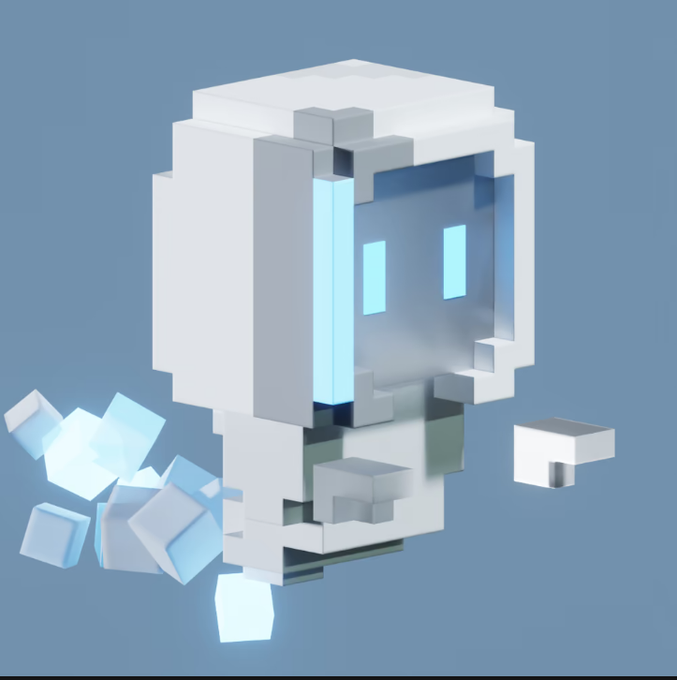 A voxel-style 3D rendered white robot character with a digital face screen and glowing blue eyes floats against a blue background.