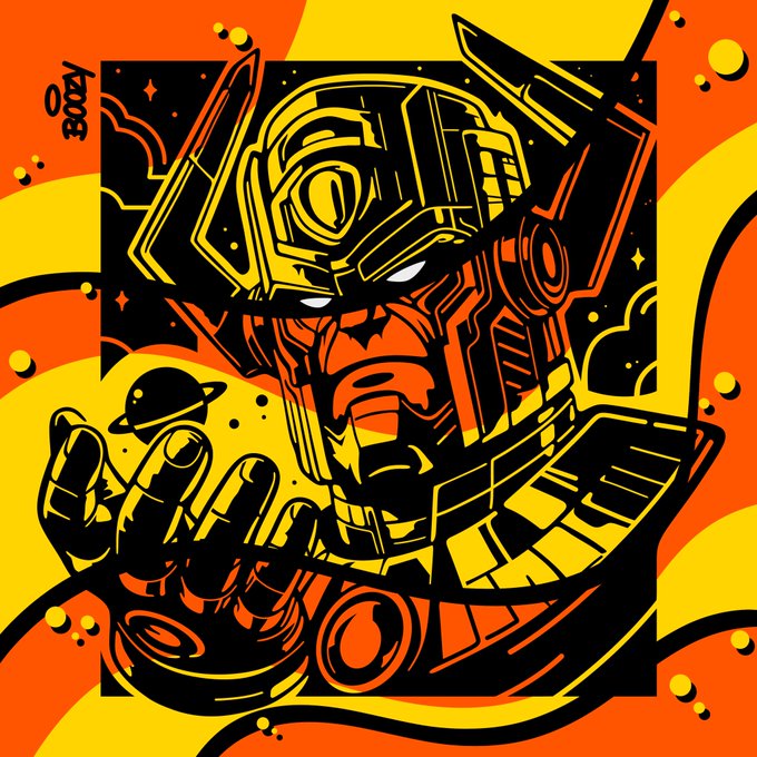 A stylized, high-contrast illustration of a robotic figure rendered in orange, yellow, and black tones.