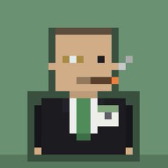 A pixel art illustration of a man with dark hair, a beard, and a cigarette in his mouth, wearing a black suit and white shirt against a green background.
