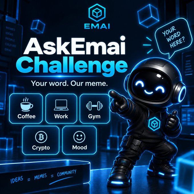 A promotional graphic for 'AskEmai Challenge' featuring a small astronaut-like robot character pointing; icons for 'Coffee', 'Work', 'Gym', 'Crypto', and 'Mood' are shown, along with the tagline 'Your word. Our meme.' and 'IDEAS = MEMES = COMMUNITY'.